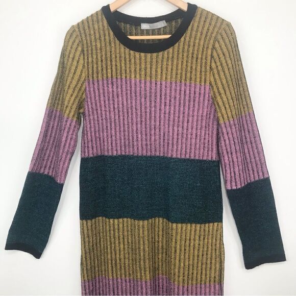 ASOS Green Pink Yellow Striped Colorblock Vertical Ribbed Knit Sweater Dress - Picture 2 of 15